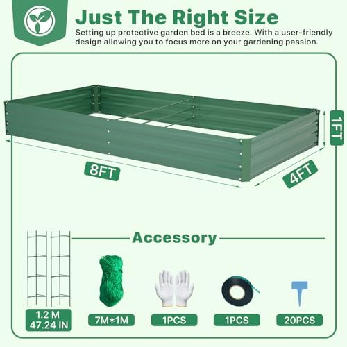 ONCEMORE Galvanized Raised Garden Bed for Vegetables Flowers Herbs, Metal Raised Garden Bed Kit with 2 PCS Tomato Cage, Gloves, Trellis Netting, Plant Labels, Plant Ties, Green 8×4×1FT - Image 2