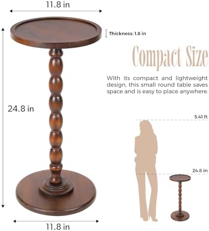 Solid Wood Round Pedestal Side Table with Tray-Top Rim – Bobbin Turned Accent End Table for Living Room, Bedroom – Compact Small Round Drink Table with Stable Base, Nightstand with Solid Table Wood - Image 3