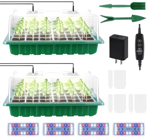 2 Packs Large Seed Starter Tray, Adjustable Brightness and Timer with 48 Full Spectrum LEDs, Seed Starter Kit with Drainage Holes, Tools and Labels for Indoor Plant Growing and Outdoor Gardening by RODINTOOfficial