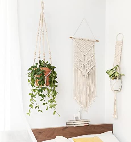 Mkono 35 Inch Macrame Plant Hanger Indoor Hanging Planter Basket Set of 1 and 45 Inch Fake Hanging Plant with Pot Set of 1 - Image 2