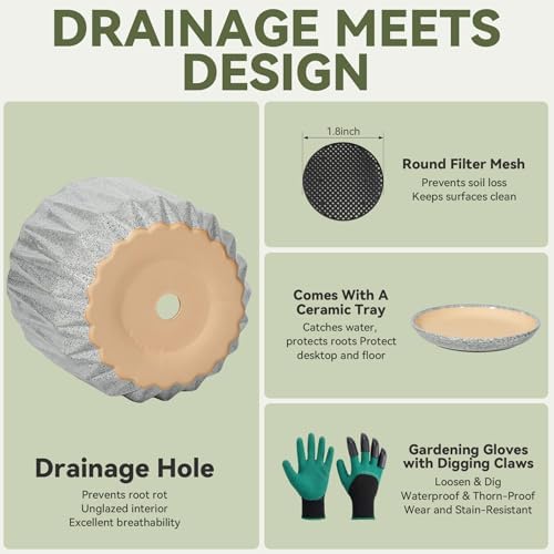 7.5 Inch Ceramic Planter Pot with Saucer Drainage Leak-Proof Mesh,Flower Pots for Indoor Plants with Gardening Gloves,Ceramic Planter(Stone Grey) - Image 4