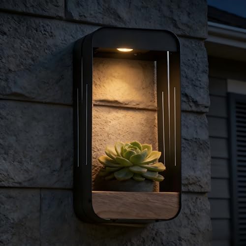 Pia Ricco Large Solar Wall Light with Planter Shelf, Extended Outdoor Waterproof Sconce with Woodgrain, Auto On/Off, Black for Garden, Patio, Fence - Image 6