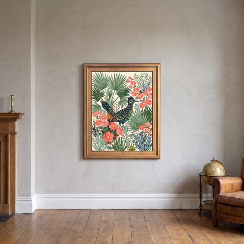 Framed Canvas Wall Art Bohemian Gouache Roadrunner in Desert Scrub Pink Globemallow Sage Palms Canvas Print Poster Gold Frame Wall Decor for Living Room Southwest Decor, Bird Art - Inch 16x20 - Image 7