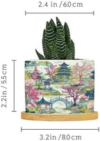 Chinoiserie White Coral Asian Planters Ceramic Chinoiserie Chic Asian Round Flower Pots with Drainage Holes and Bamboo Tray Pot for Home Office Decoration - Image 2