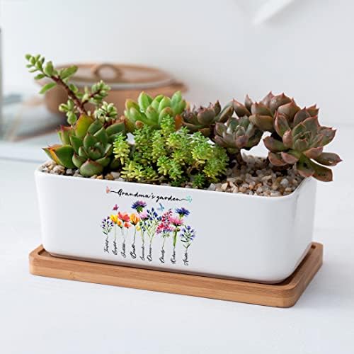 Personalized Birth Month Flower Plant Pot with Kids Names,Custom Grandma's Garden Ceramic Succulent Planter with Bamboo Tray Indoor Outdoor Home Decor Plants, for Mom Grandma,B4 - Image 3