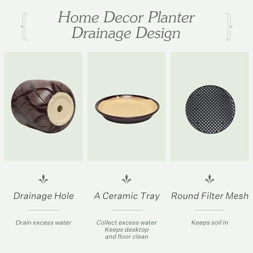 Ceramic Glaze Plant Pot Set 7.2+5.8 Inch Planter with Drainage Hole,Mesh Net,Saucer,for Indoor Outdoor (Leaf-Dark Purple) - Image 4