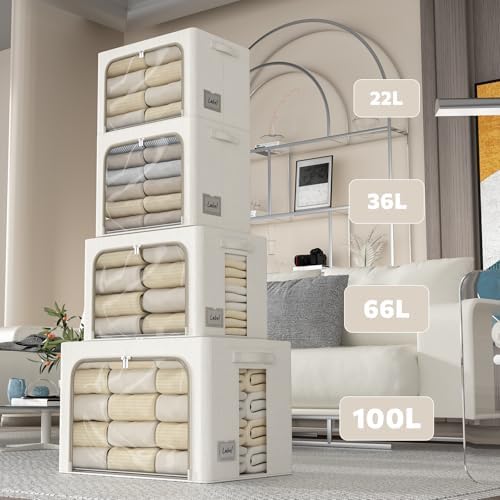FHSQX 2 Pack Clear Window Storage Bins Large Stackable Linen Fabric Storage for Clothes Foldable Container Organizer Set with Carrying Handles (Lvory White, 19.7x 15.7x 12.6 Inch) - Image 5