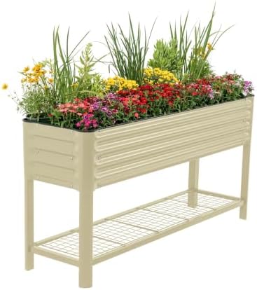 Vego garden Elevated Raised Garden Bed, 1.5' x 5.5' Outdoor Planters Boxes with Legs & Storage Rack for Patio, 750 Lbs Weight Capacity, Raised Beds for Gardening Herbs Vegetables, Pearl White by Unknown