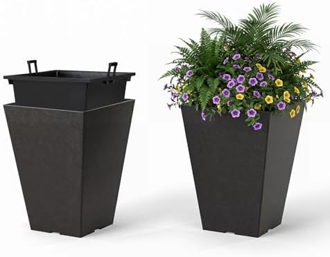 GIANTEX Square Taper Planter Set of 2, Self-Watering Flower Pots, Black by Giantex