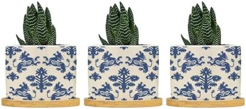 Blue Regalia Planters Ceramic Regalia in Blue Round Plant Pots with Drainage Holes and Bamboo Tray Pot for Home Office Decoration by BRUYU5SE