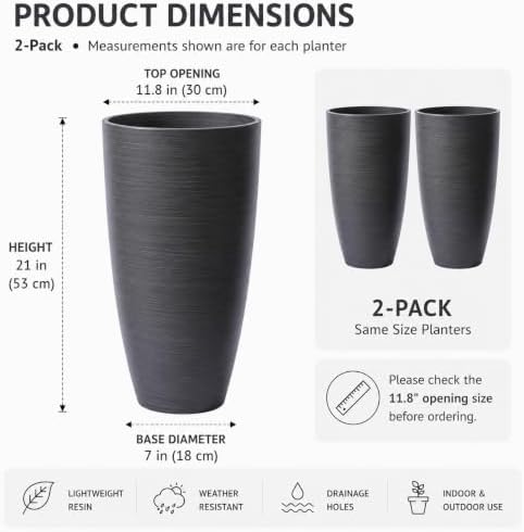 Tall Round Planter 2Pack-11.8"W*21"H Dark Wooden Grain Finish Flower Pots Indoor Decorative Container Garden Patio Outdoor Indoor Plants Unbreakable Resin With Drainage Hole&Movable Insert Shelf - Image 6