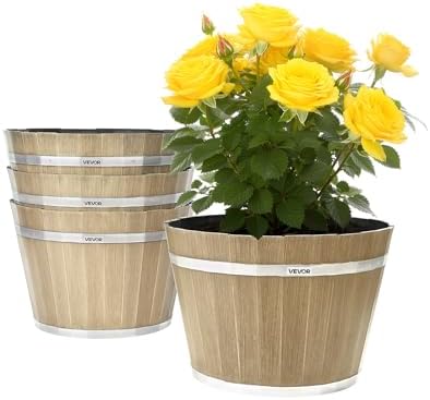 VEVOR Plant Pots, 4 Pack 11.81 inch Whiskey Barrel Planters with Drainage Holes, Large Outside Plastic Decoration Flower Pot Imitation Wine Barrel Design for Indoor Outdoor Garden Home Plants, Brown by VEVOR