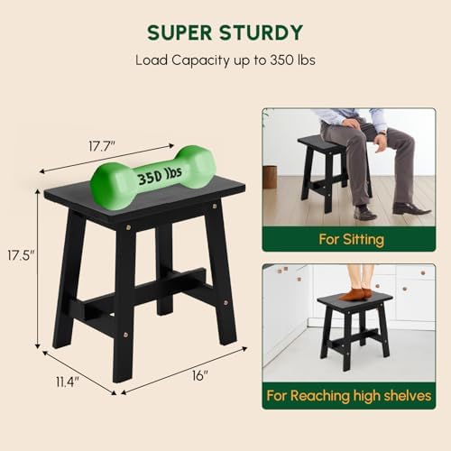 BEEFURNI 18-Inch Rectangular Acacia Wood Stool, Small Bench, Black - Image 3