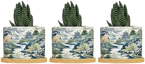 Trend Dragon and Print Ceramic Planters Chinoiserie Asian Inspired Planters for Indoor Plants with Drainage Holes and Saucers Pot for Outdoor Garden Home Plant by BRUYU5SE