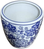 8" D Beautiful Oriental Peonies Flowers & Leaves Blue & White Ceramic Planter Pot - Image 3