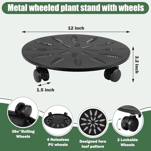 12 Inch Metal Plant Caddy with Wheels Set of Three Heavy-Duty Rolling Plant Stand Lockable Wheels Plant Dolly for Indoor Outdoor Planters Flower Pot Mover Rollers Plant Coasters Trolley - Image 2