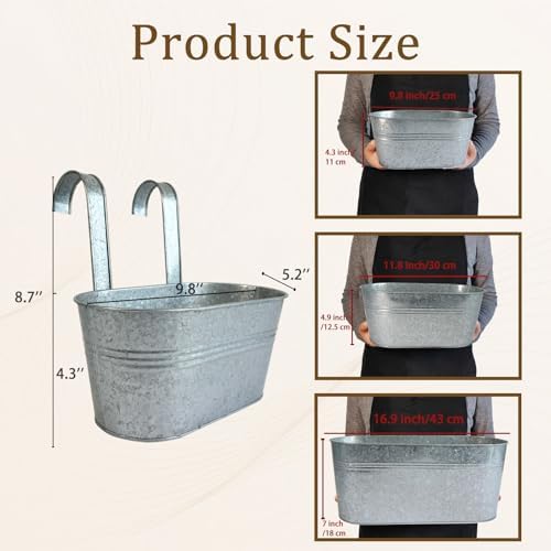 8 Pack 10" Galvanized Hanging Railing Planters with Hooks and Drainage - Image 3