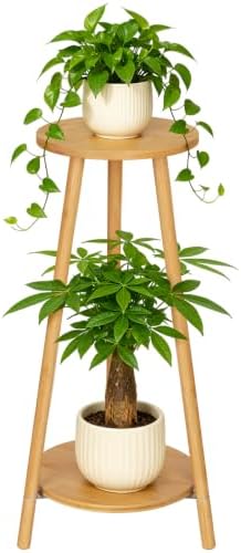 2 Tier Round 12 inch Bamboo Plant Stand Indoor Outdoor,Wood Flower Stand by OcBuct