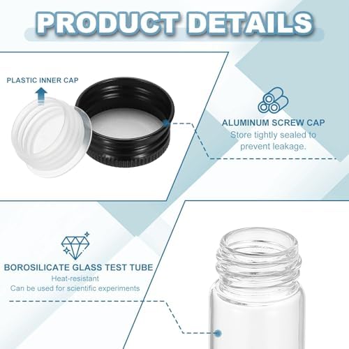 PATIKIL 80ml Test Tubes with Caps, 24Pcs 30x150mm Glass Clear Flat Bottom Test Tube Containers with Plastic Cap for Bead Party Candy Bath Salt Storage Scientific Experiment Plant(Black) - Image 3