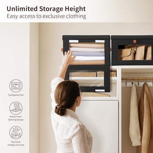 Homsorout Collapsible Storage Bins - Large Stackable Organizer Bins, Decorative Boxes with Handles & Window, Fabric Containers for Living Room, Closet, Dorm, 2 Pack, Black - Image 2