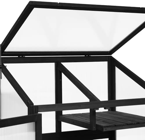62inch Wooden Greenhouse Cold Frame, Garden Fir Wood Portable Green House Cabinet with Wheels and Flip-Top Roof, Flower Plants Shelf for Outdoor Indoor, Black - Image 6