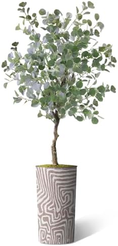 Artificial Tree in Geometric Pattern Planter, Fake Eucalyptus Silk Tree for Indoor and Outdoor Home Decoration - 66" Overall Tall (Plant Pot Plus Tree) - Image 2