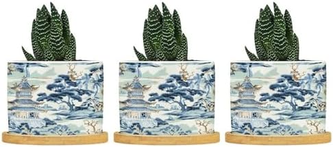 Blue and White Chinoiserie Asian Planter Ceramic Rain Chinoiserie Round Flower Pots with Drainage Holes and Bamboo Tray Pot for Outdoor Garden Home Plant by BRUYU5SE