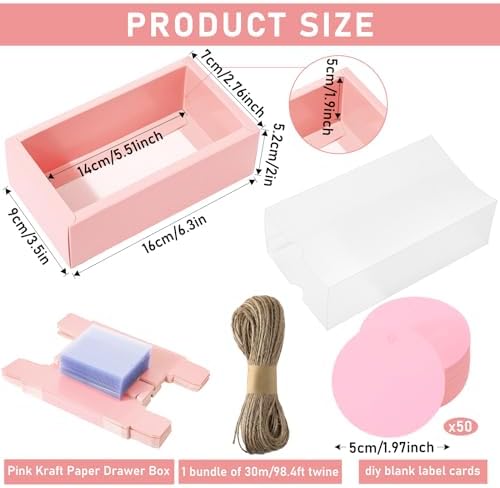 Roowest 50 Sets Gift Boxes Kraft with Tags, 6.3 x 3.5 x 2 Inch, Pink - Image 2