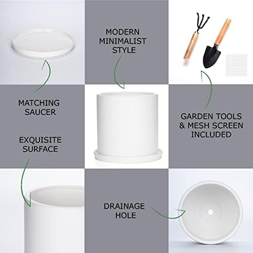 Plant Pots 10 Inch Ceramic Planter with Drainage Hole and Saucer, Matte White Modern Cylinder Planter Pot for Indoor Outdoor Plants Flowers, Full Glazed Finish - Image 3
