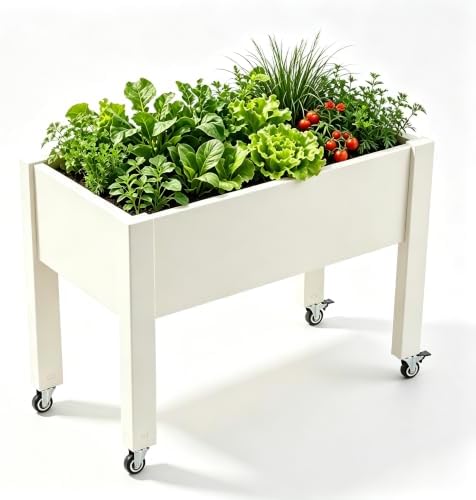 Elevated Raised Garden Bed with Wheels，74" Planter Outdoor Plants,White by NBYSGO