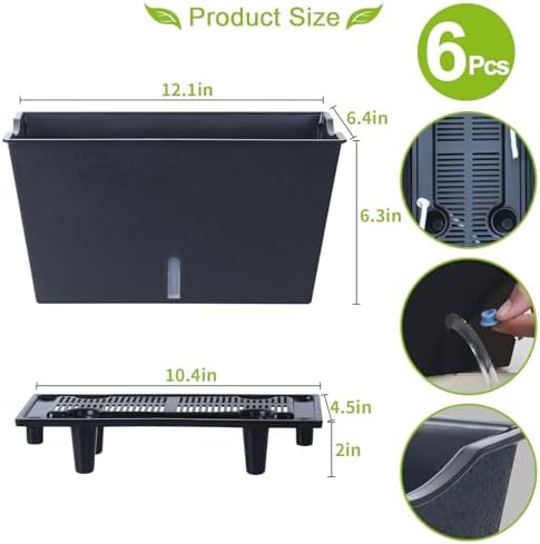 Window Box Planter 6 Pcs, 12.1 Inches Self Watering Plant Pots Rectangle Flower Pots with Drainage Holes and Breathable Trays, Vegetable Planters for Windowsill Patio Garden Balcony Porch Yard (Black) - Image 6