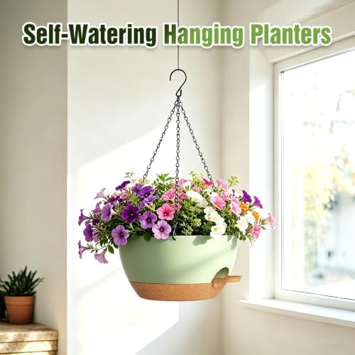 13 Inch Large Self Watering Hanging Planters 2 Pack with Saucers - Image 2