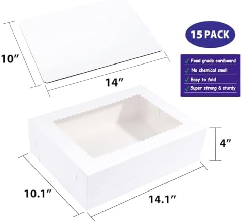 JJO 14x10x4 Inches 15 Pack Cake Boxes with Cake Board,White Bakery Boxes - Image 2