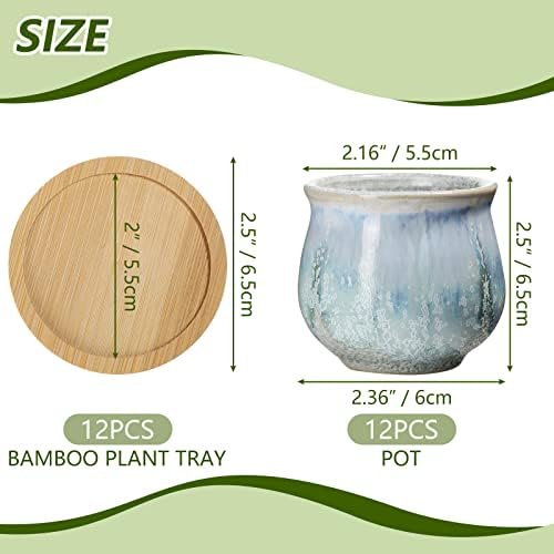Remerry 12 Pcs Ceramic Succulent Pots 2.5 Inch with Drainage Bamboo Tray - Image 2