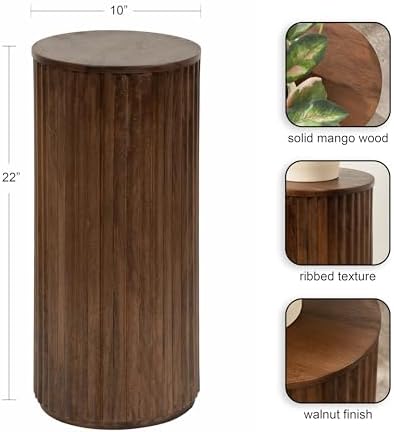 Kate and Laurel Reid Modern Wooden Ribbed Drink Table; 10 x 10 x 22; Walnut Brown; Solid Wood Mini Table for Use as Pedestal Plant Stand Indoors or Small Nightstand Option - Image 2