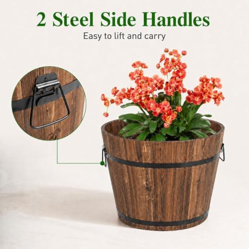 BNSPLY 3 Pcs Whiskey Barrel Planters, Wooden Planter Barrel Set with Handle & Drainage Holes, Rustic Outdoor Flower Pots for Plants, Herbs, Veggies, Indoor Outdoor Use, Brown - Image 6