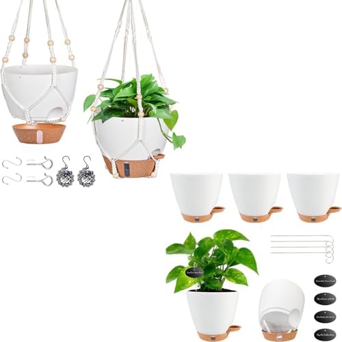 10 Inch Hanging Planters for Indoor Plants & Outdoor, 6 Inch Self Watering Pots for Indoor Plants (5-Pack) Plastic Planters with Water Window, Drainage Holes & Trays by Fielda