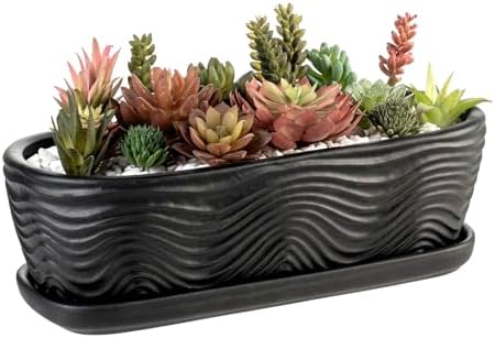 MyGift 13.5 inch Succulent Planter Pot, Oval Modern Ceramic Plant Box Container with Wave Textured Pattern and Removable Saucer Drip Tray (Black) by MyGiftHome