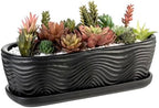 MyGift 13.5 inch Succulent Planter Pot, Oval Modern Ceramic Plant Box Container with Wave Textured Pattern and Removable Saucer Drip Tray (Black) by MyGiftHome