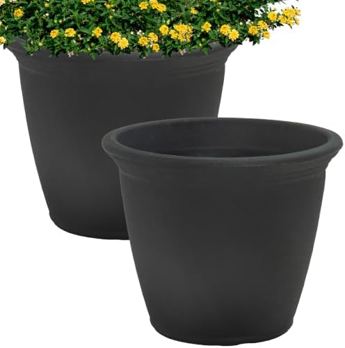 Sunnydaze Anjelica 15.25'' Large Plastic Planter Pot for Plants, Black, 2pk by SunnydazeDecor