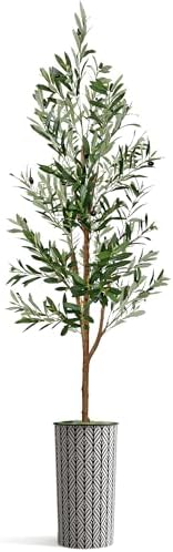 Artificial Tree in Black and White Geometric Planter, Fake Olive Silk Tree for Indoor and Outdoor Home Decoration - 68" Overall Tall (Plant Pot Plus Tree) - Image 2