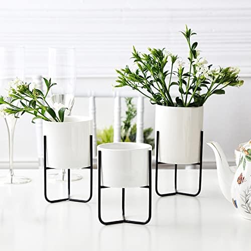 HASMI Plant pots Set of 3 Ceramic Flower pots with Metal Rack Desktop Flower Vases Planters for Succulents Home Gardening Decoration Without Hole Flower Pots (Color : E) - Image 7
