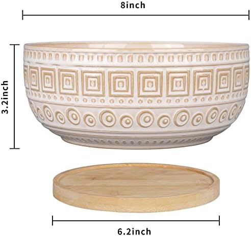 G EPGardening 8 Inch Ceramic Succulent Planter Pots for Indoor Plants Round Shallow Bonsai Planter Pot with Drainage and Bamboo Saucer White - Image 2