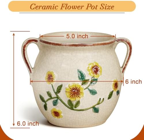 BUYMAX 6 Inch Vintage Ceramic Flower Pot with Handles and Drainage Hole - Image 4