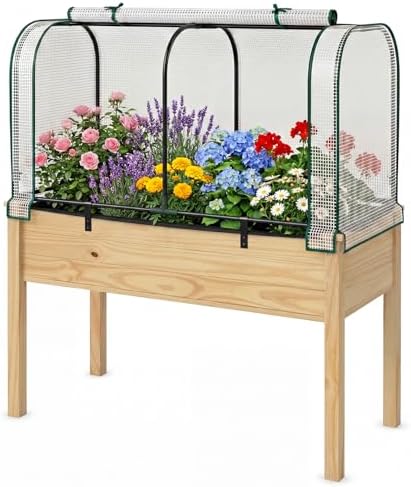 Giantex Raised Garden Bed with Cover, Wood Elevated Planter Box with Legs & Mini Greenhouse, Waterproof Sun-Protective PE Green House Cover, Outdoor Use for Fruit Vegetable Flower Herb (White+Natural) by Giantex