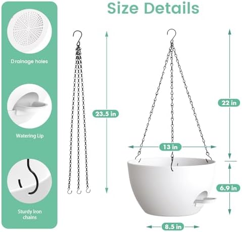 UOUZ 13 Inch 2 Pack Large Self Watering Hanging Planters for Indoor Outdoor Plants, Hanging Plant Pots with Removable 50 Oz Reservoir, Plastic Hanging Basket for Window Porch Garden, White - Image 5