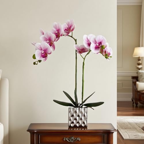 Artificial Orchid with Silver Vase, 20 Inch Purple Heart White Flowers, Indoor Home Decor - Image 2
