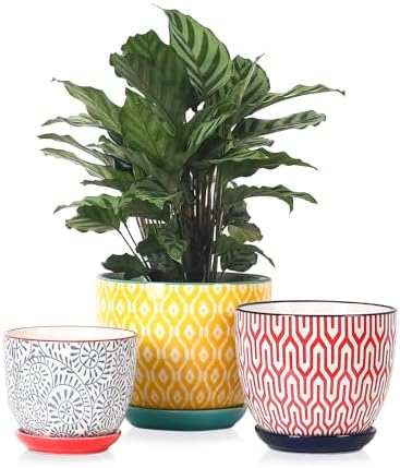 Selamica Ceramic Plant Pots, 4.6+5.6+6.5 Inch Planters with Drainage Holes & Saucer, Flower Pots for Indoor Plants, Home Decor, Set of 3, Assorted Colors by Selamica