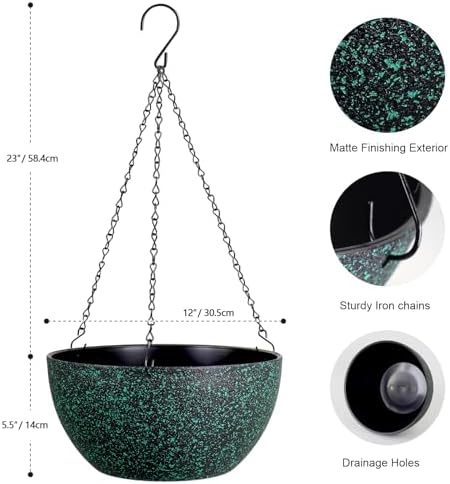 Meowell 12 inch Large Hanging Planters for Indoor Outdoor Plants, 2 Pack Hanging Flower Pots with Drainage Holes and Chain, Plastic Hanging Baskets for House Plants, Black with Green Speckles - Image 2