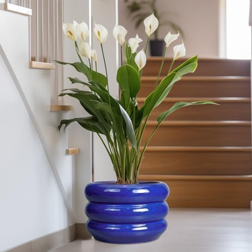 SQOWL Ceramic Plant Pot 13.5 Inch - Large Planter for Outdoor Plants Round Indoor Flower Pot with Drainage Hole Decorative Planter Modern Home Decor Blue - Image 6